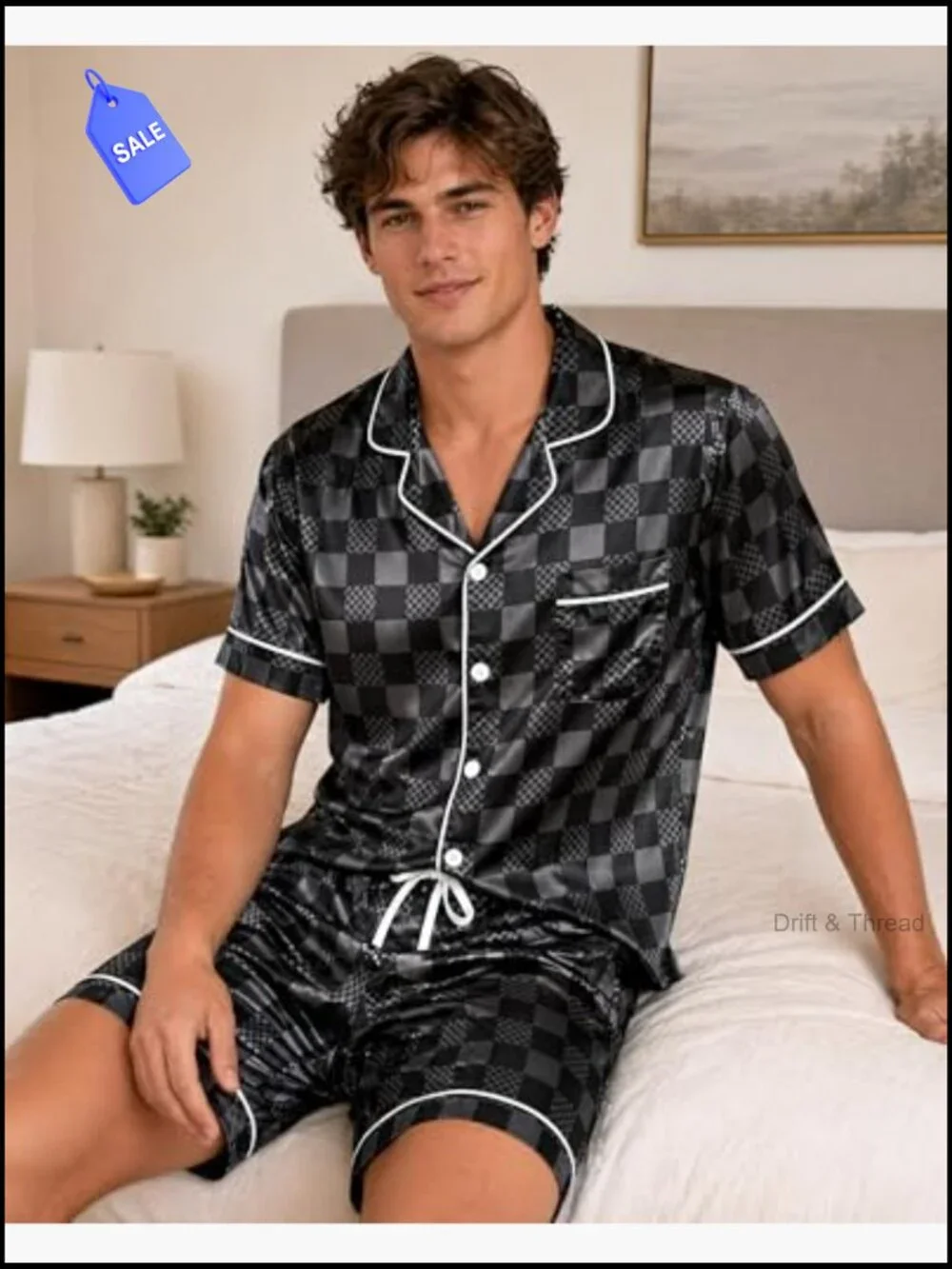 Mens Silky Satin Pajama Set Short Sleeve Button Down Summer Sleepwear M-2XL
